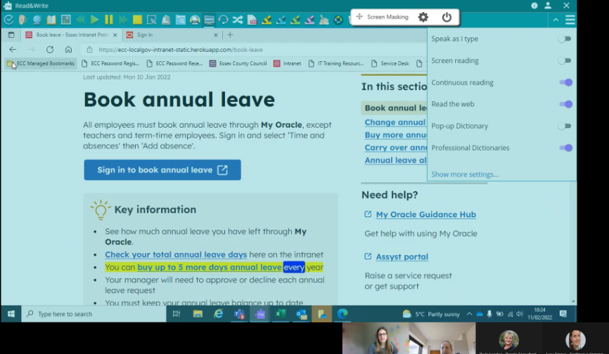 Read and Write toolbar being used on the intranet