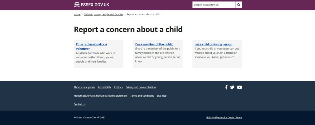 Website page displaying 'report a concern about a child'