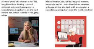 Two styles AI generated images of woman in her 50's with blonde hair at a desk