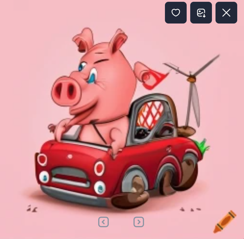 AI Generated Image of a distorted cartoon pig in a red car, with a melted wheels, a small windmill and grass growing out the exhaust.