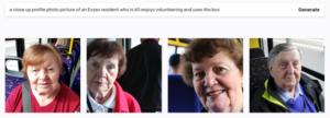 AI Generated Images of an Essex resident in their 60's traveling on a bus
