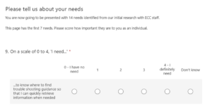 One of the survey questions shared with Essex staff. It presents the respondent with a user need statement and asks them to score how important it is to them using a five point scale ranging from I have no need to I definitely need.